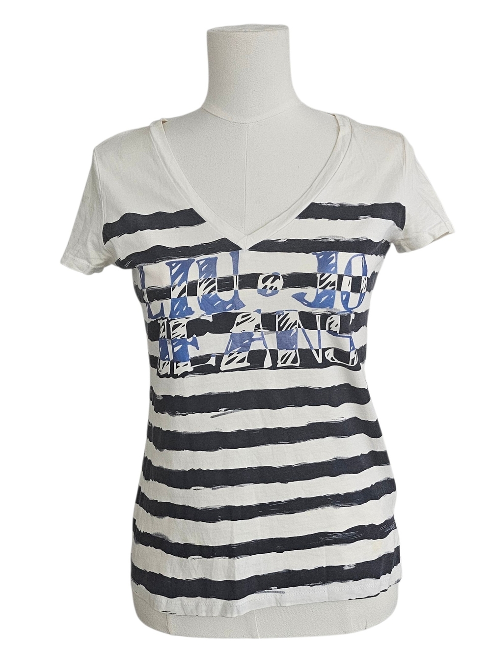Liu Jo Jeans White V-Neck Striped Tee with Blue Graphic Size S